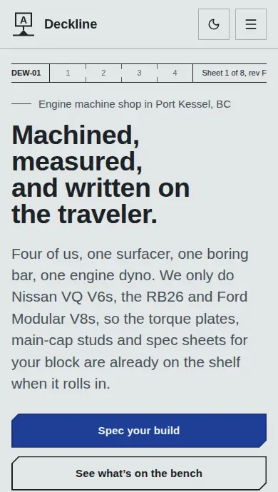 Deckline Engine Works demo site, top of the home page on a phone