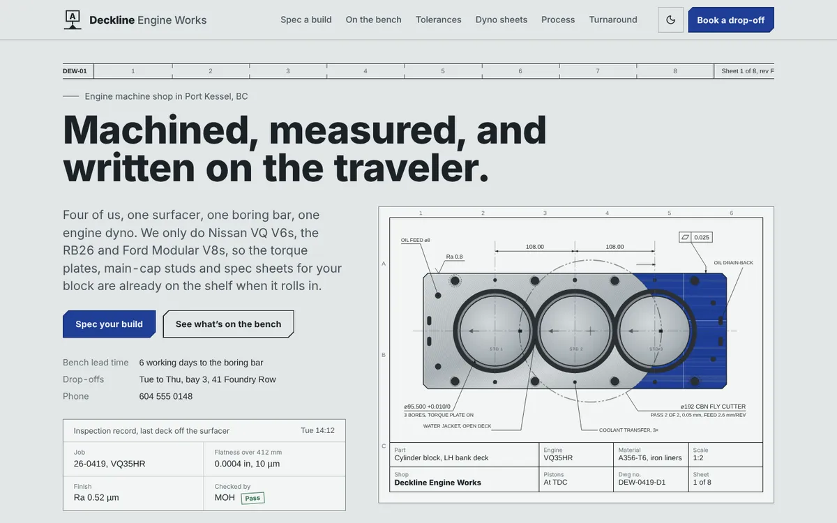 Deckline Engine Works website, desktop view