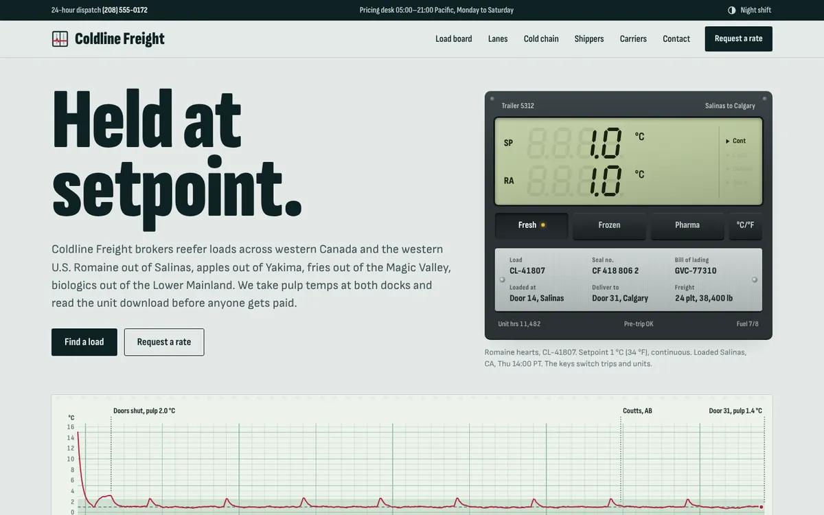 Coldline Freight website, desktop view